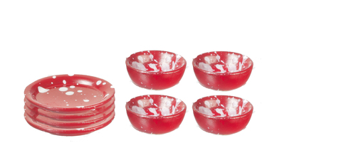 RED SPATTER DISHES/SET/8