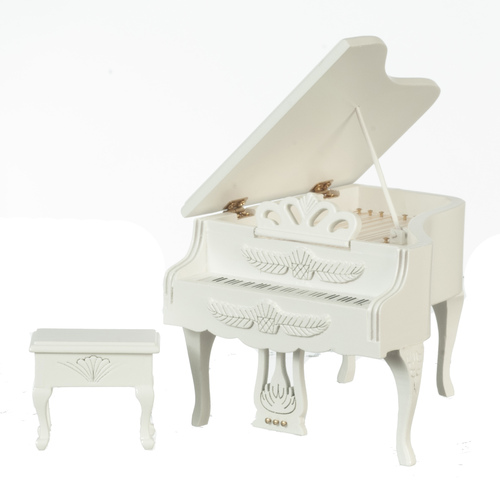 CARVED PIANO W/STOOL/WHT.