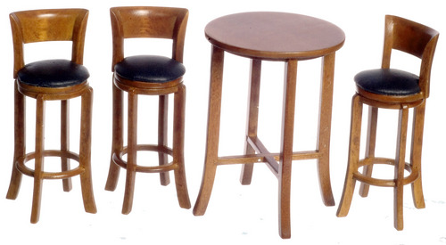 Walnut Tall Table with 3 Stools – Dollhouse Miniature Set